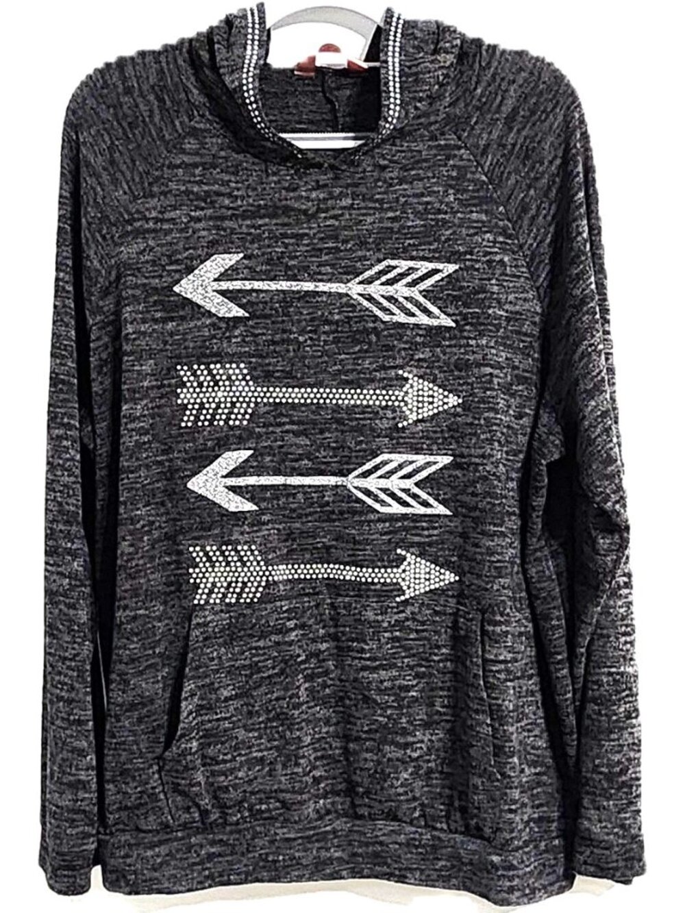 SJS Women’s 3X Heather Charcoal Rhinestone & Glitter Arrow Hooded Top